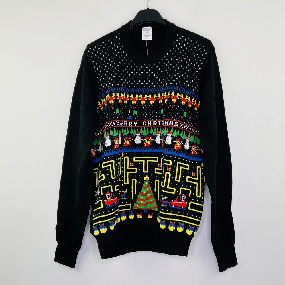 Holiday Classics Men's Medium Ugly Christmas Sweater Pac-Man Galaga Video Game